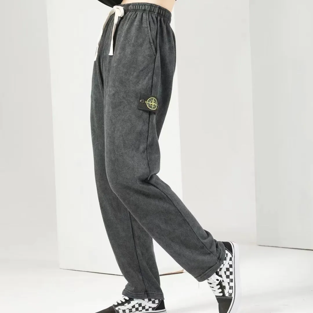 W2231#P150💰 Stone Stone Black Warrior Badge Compass Washed and Distressed Drawstring Terry High Street Long Sweatpants for Men and Women Fashionable 🛒 This item can be worn by both men and women. The texture is very good and the upper body is particularly good-looking. It can be used in the high street for leisure. It looks slim and looks good in photos. Color: washed black. Size: M L XL XXL